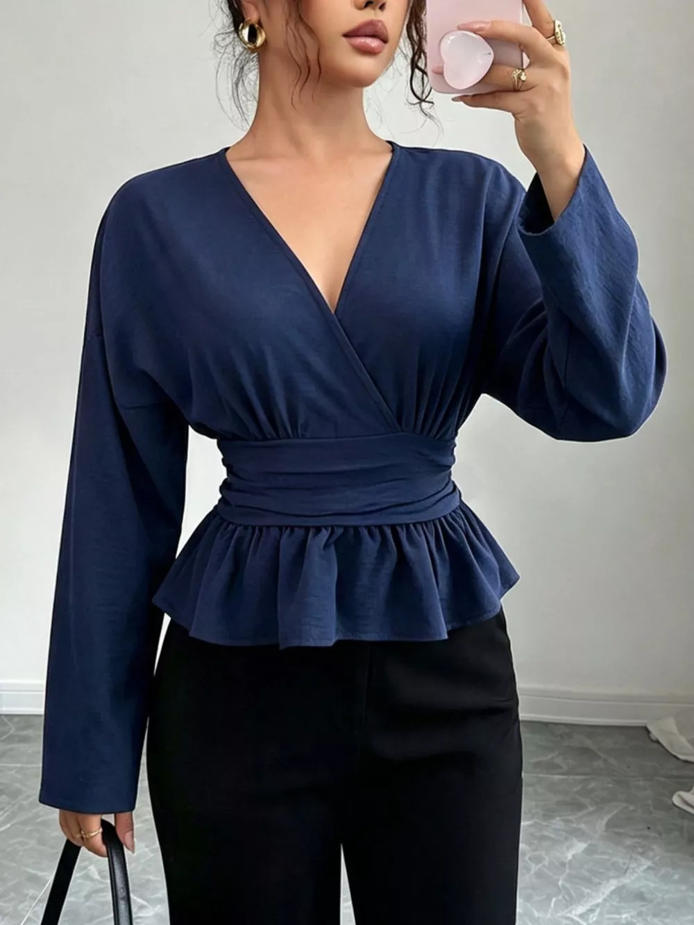 Surplice Long Sleeve Wrap Blouse