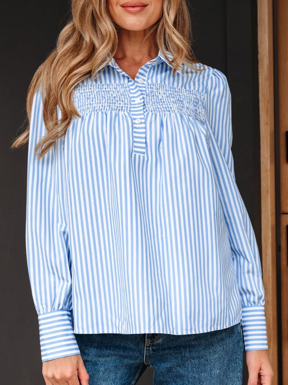 Stripe Shirred Detail Half Placket Collared Long Sleeve Shirt, image 3