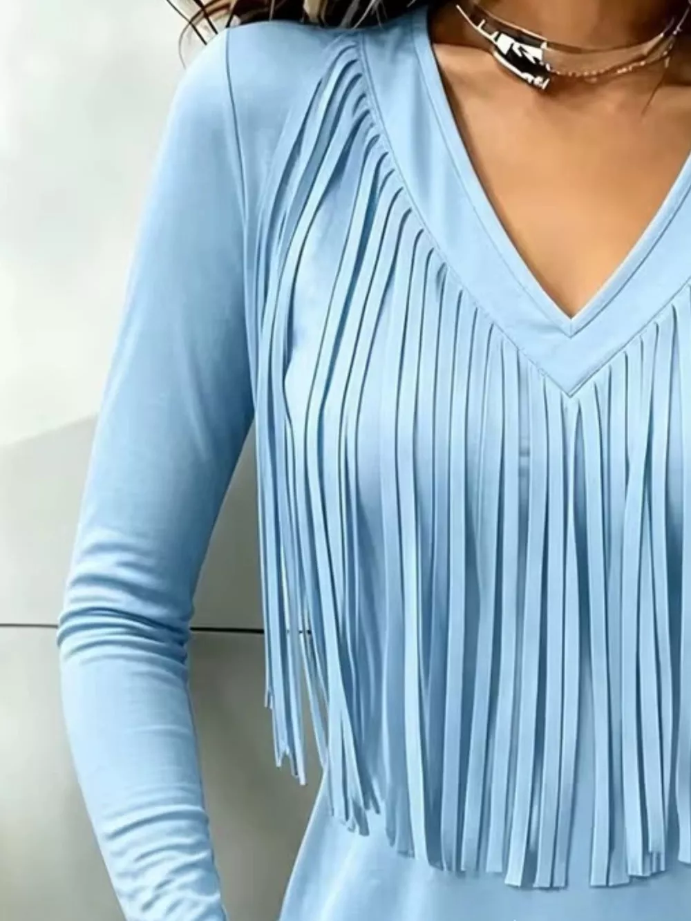 Fringe V-Neck Long Sleeve T-Shirt, image 10