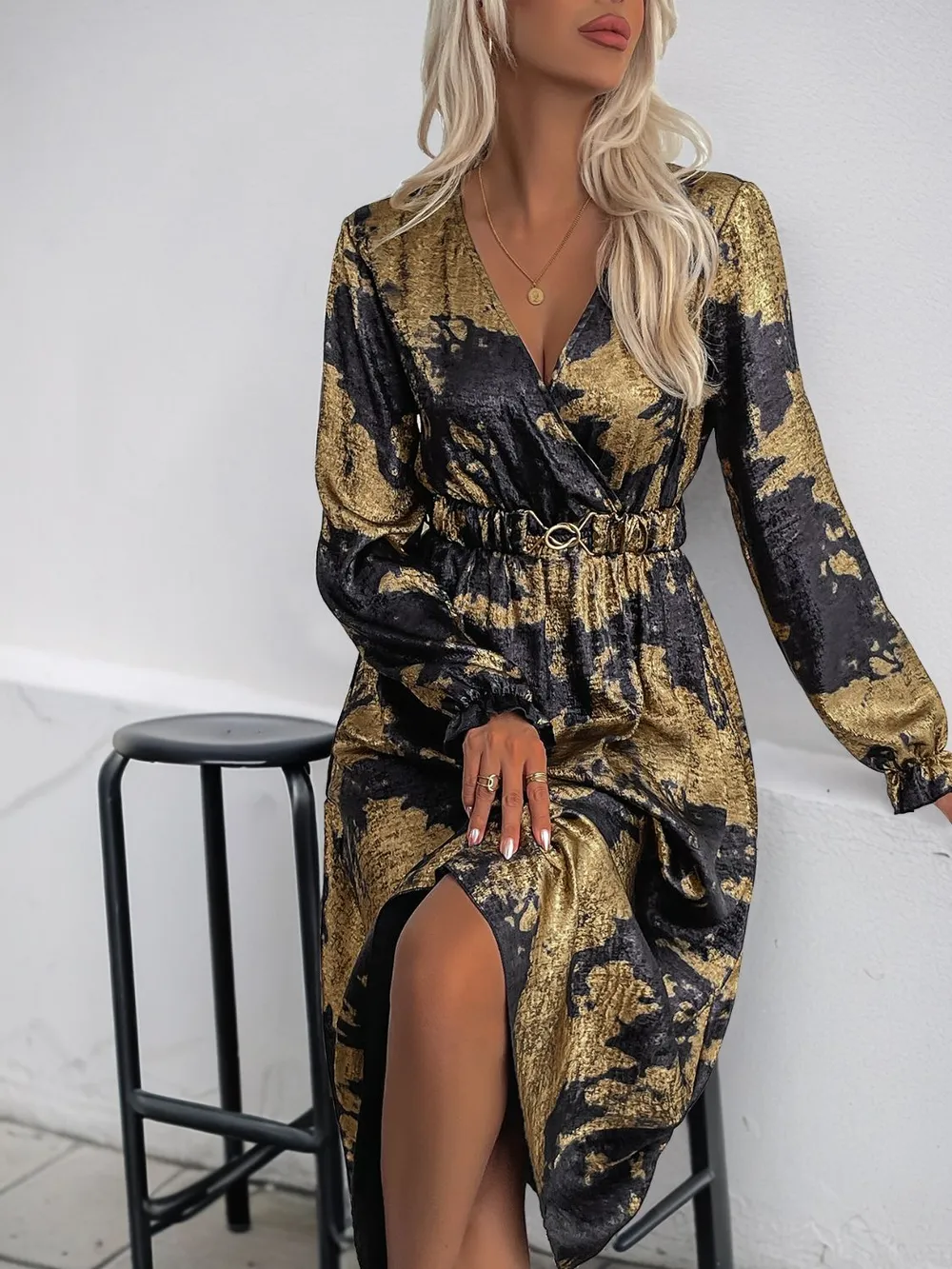 Printed Surplice Long Sleeve Midi Dress, image 4