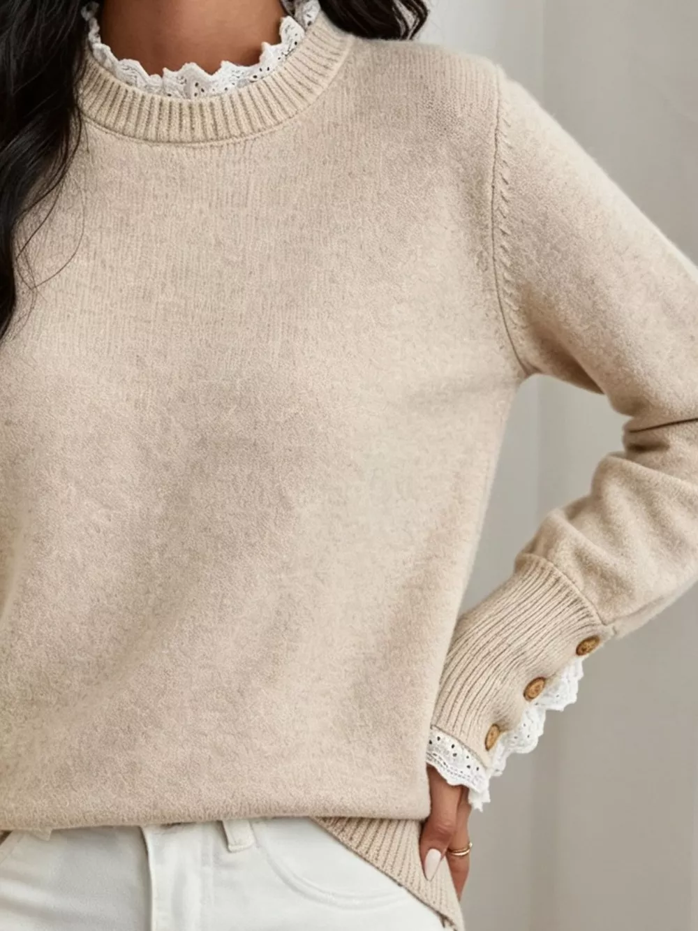 Lace Trim Mock Neck Sweater, image 3