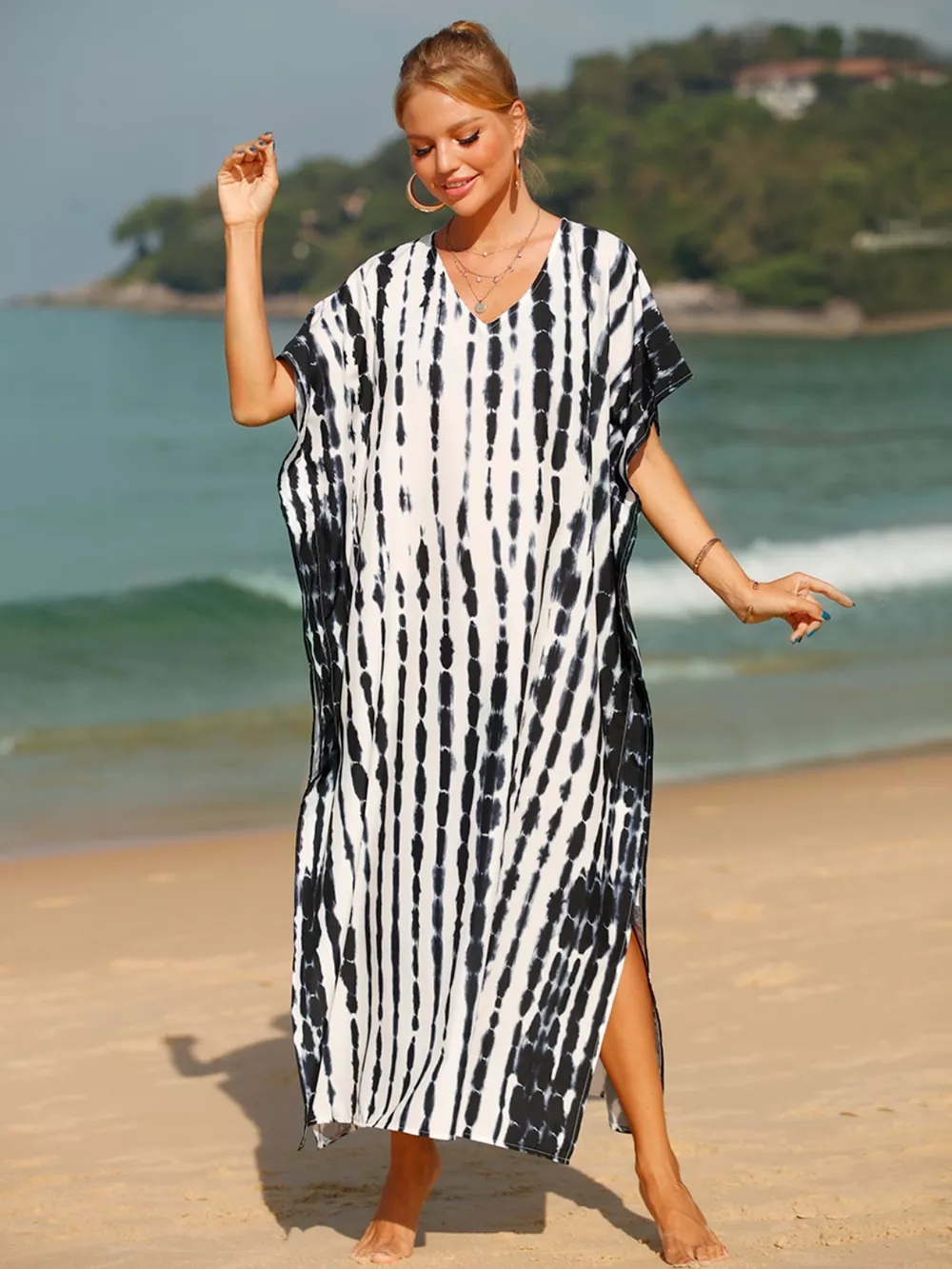 Tie-Dye V-Neck Half Sleeve Cover-Up, image 3