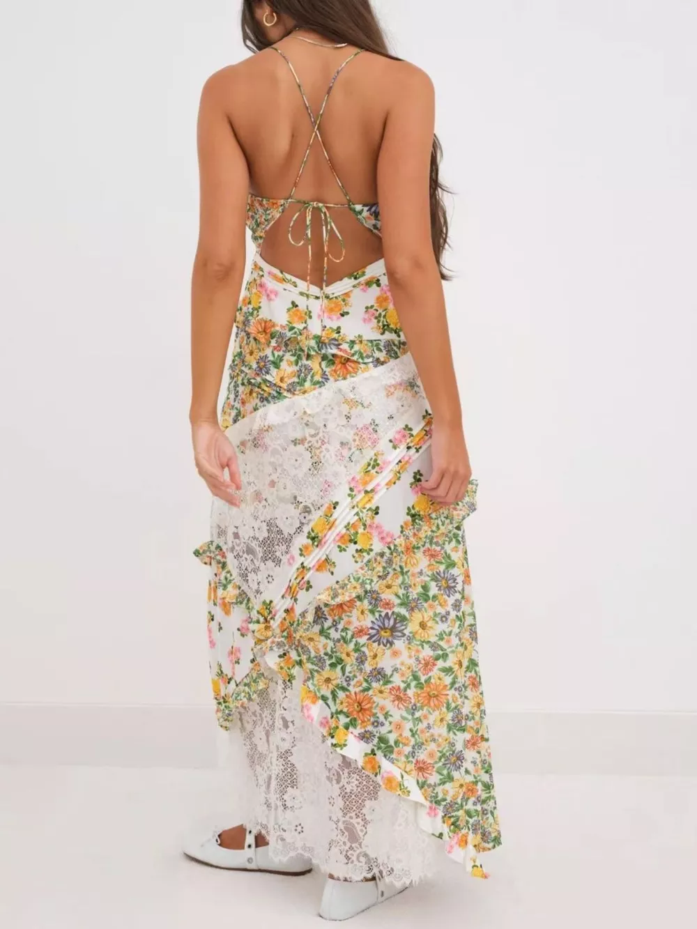 Lace Floral Print Ruffle Trim Maxi Dress, image 19