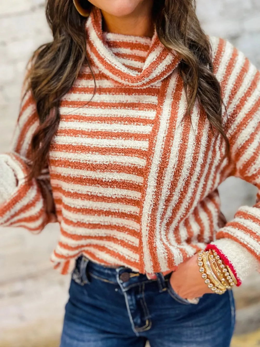 Striped Cowl Neck Long Sleeve Sweater, image 2