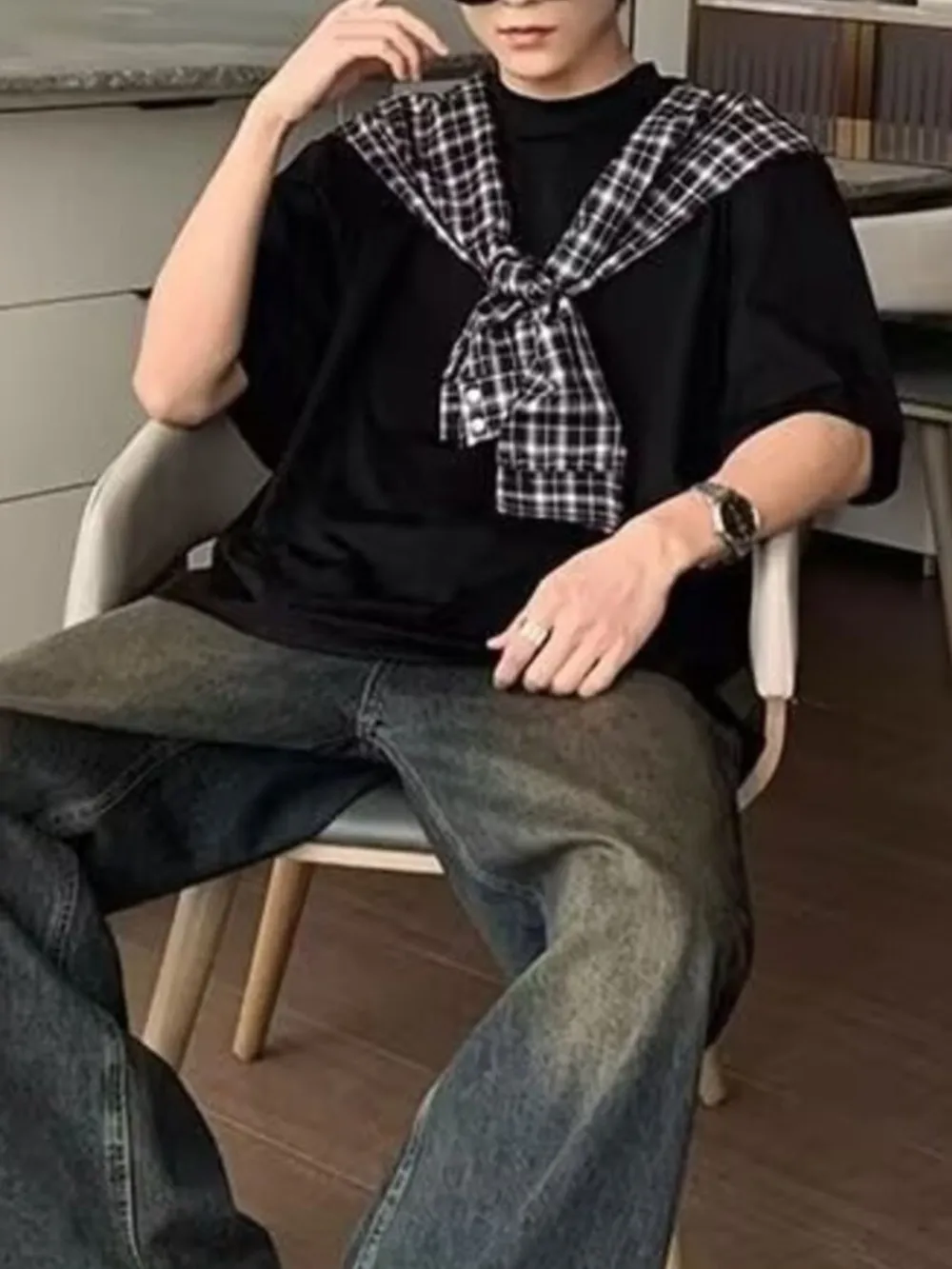 Men's Full Size Oversized T-Shirt with Plaid Shawl Plus Size