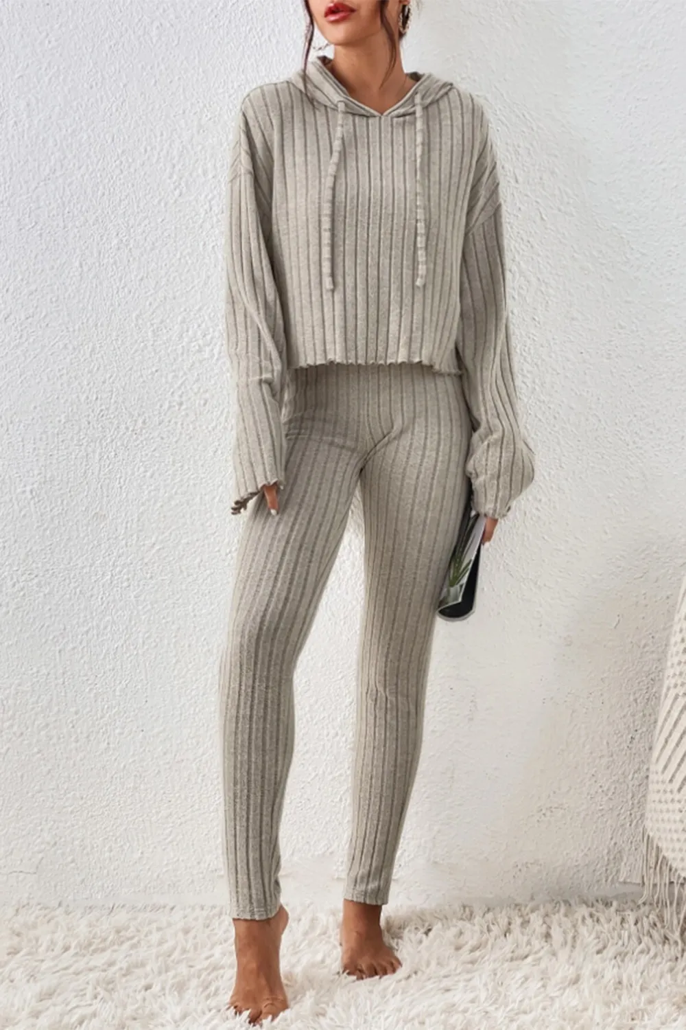 Lettuce Hem Dropped Shoulder Hooded Top and Pants Set, image 5