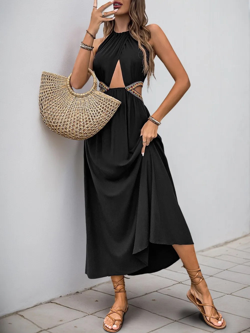 Cutout Grecian Neck Tied Back Dress, image 4