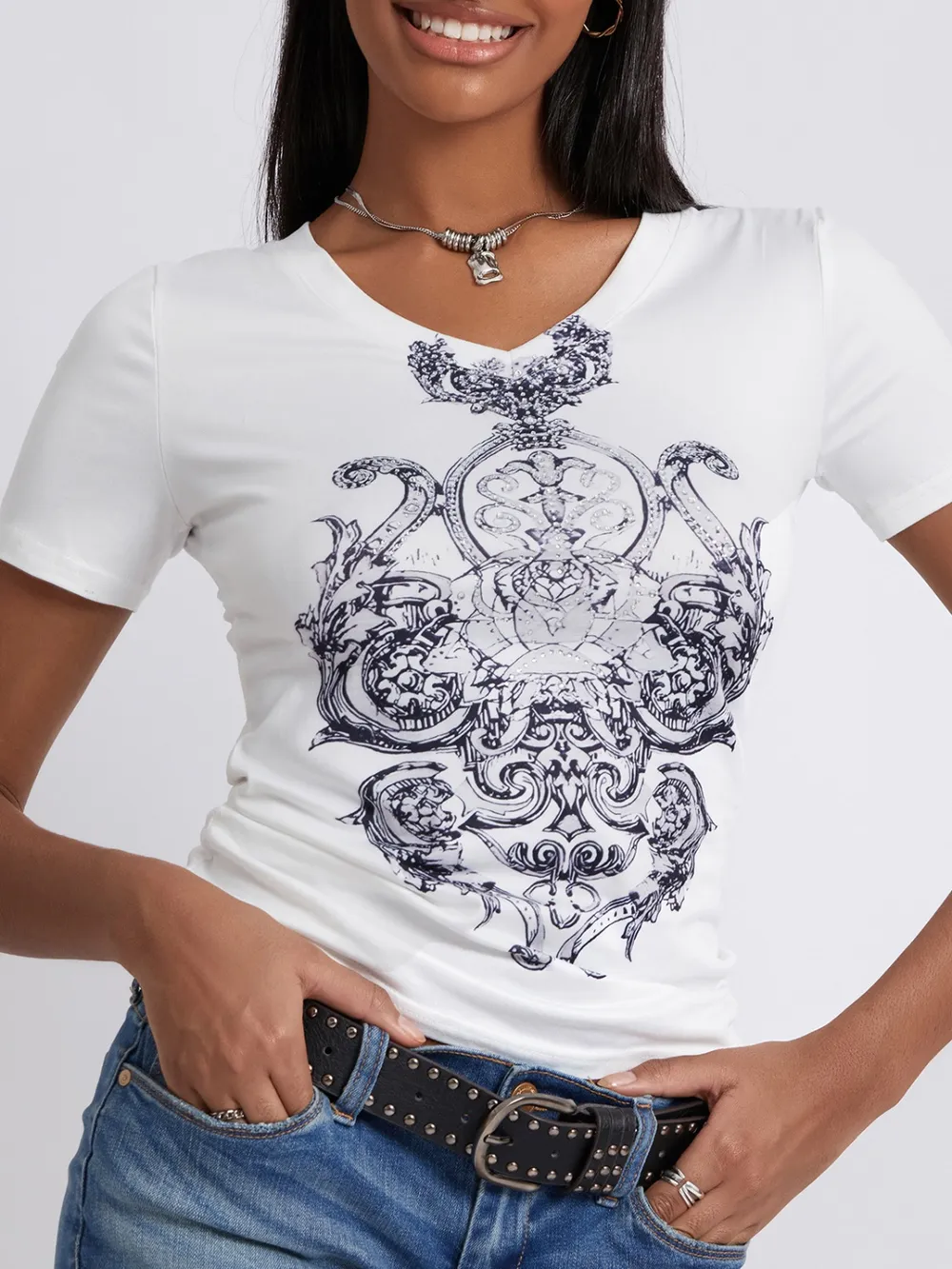 Graphic V-Neck Short Sleeve T-Shirt, image 3