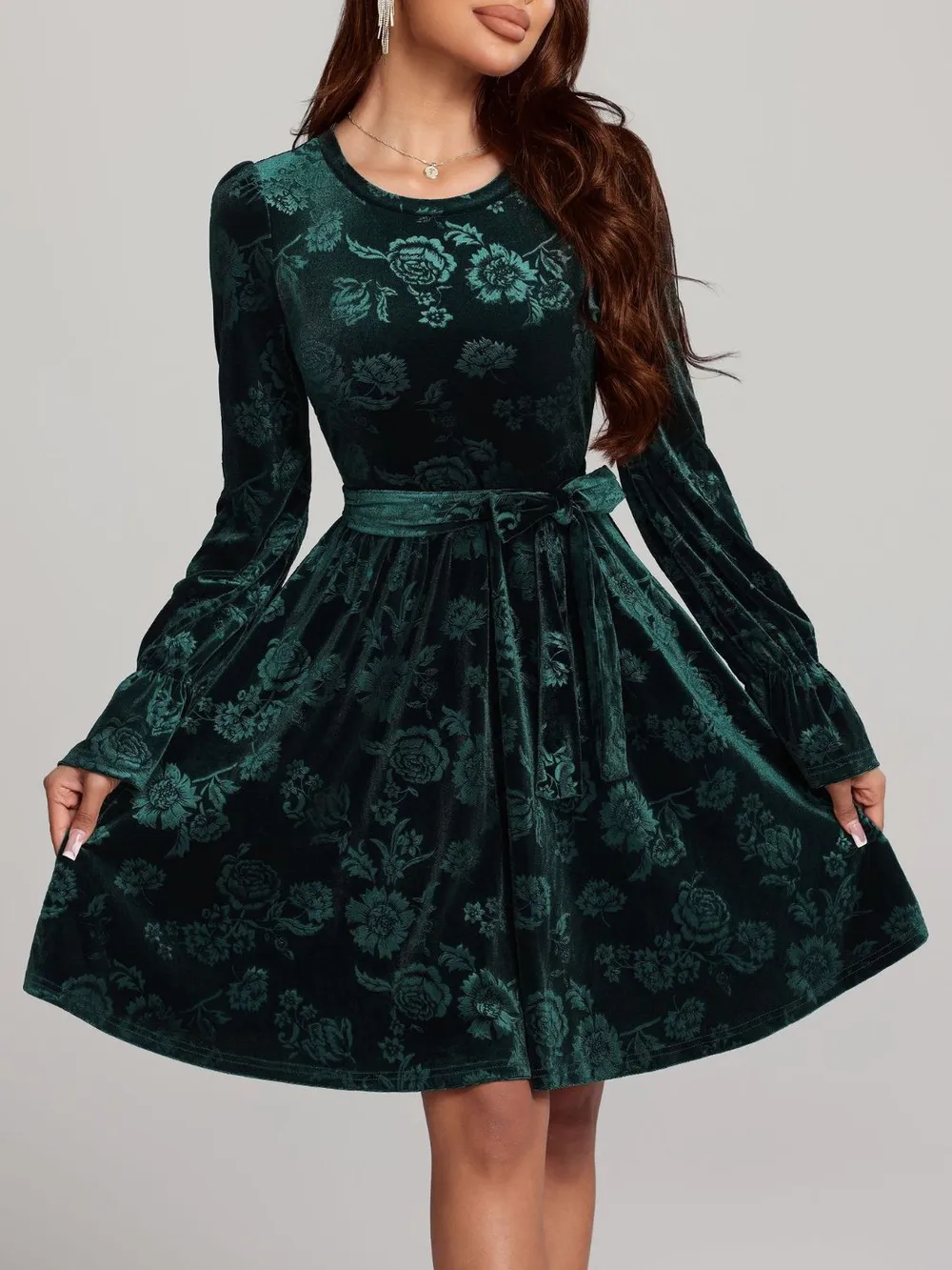 Tied Flower Print Round Neck Flounce Sleeve Dress, image 5