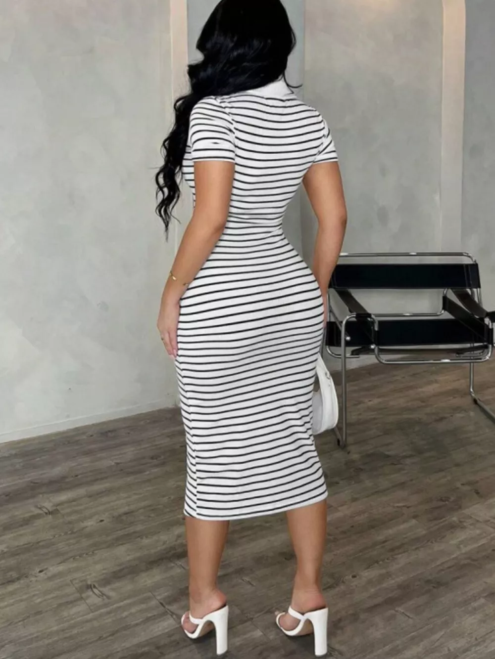 Striped Short Sleeve Bodycon Midi Dress, image 6
