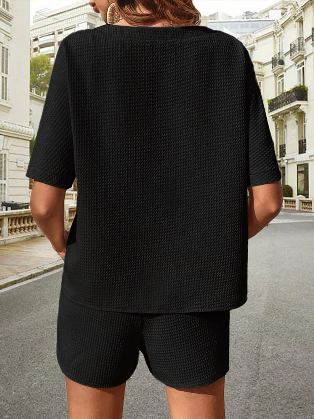 Waffle-Knit Half Sleeve Top and Shorts Set, image 11
