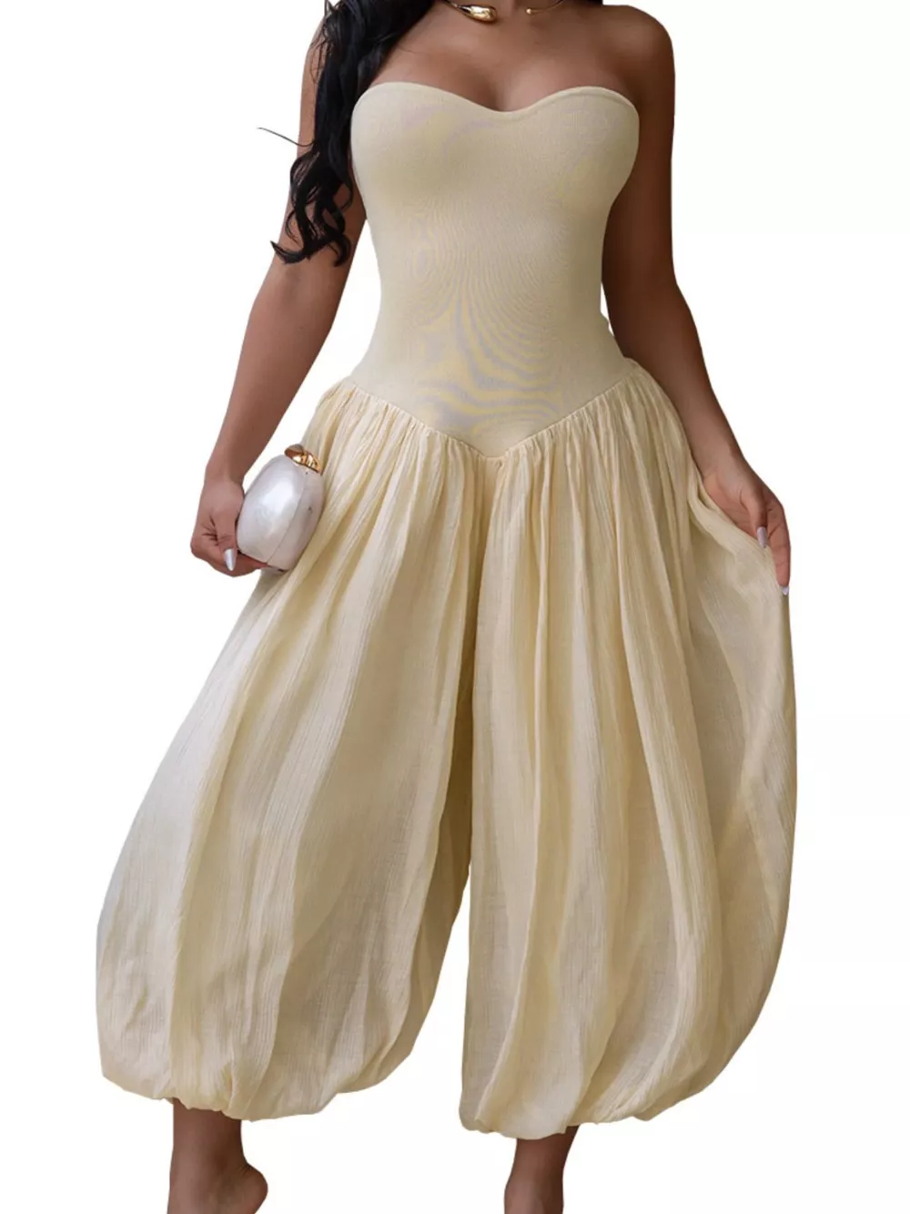 Strapless Ruched Wide-Leg Jumpsuit, image 4