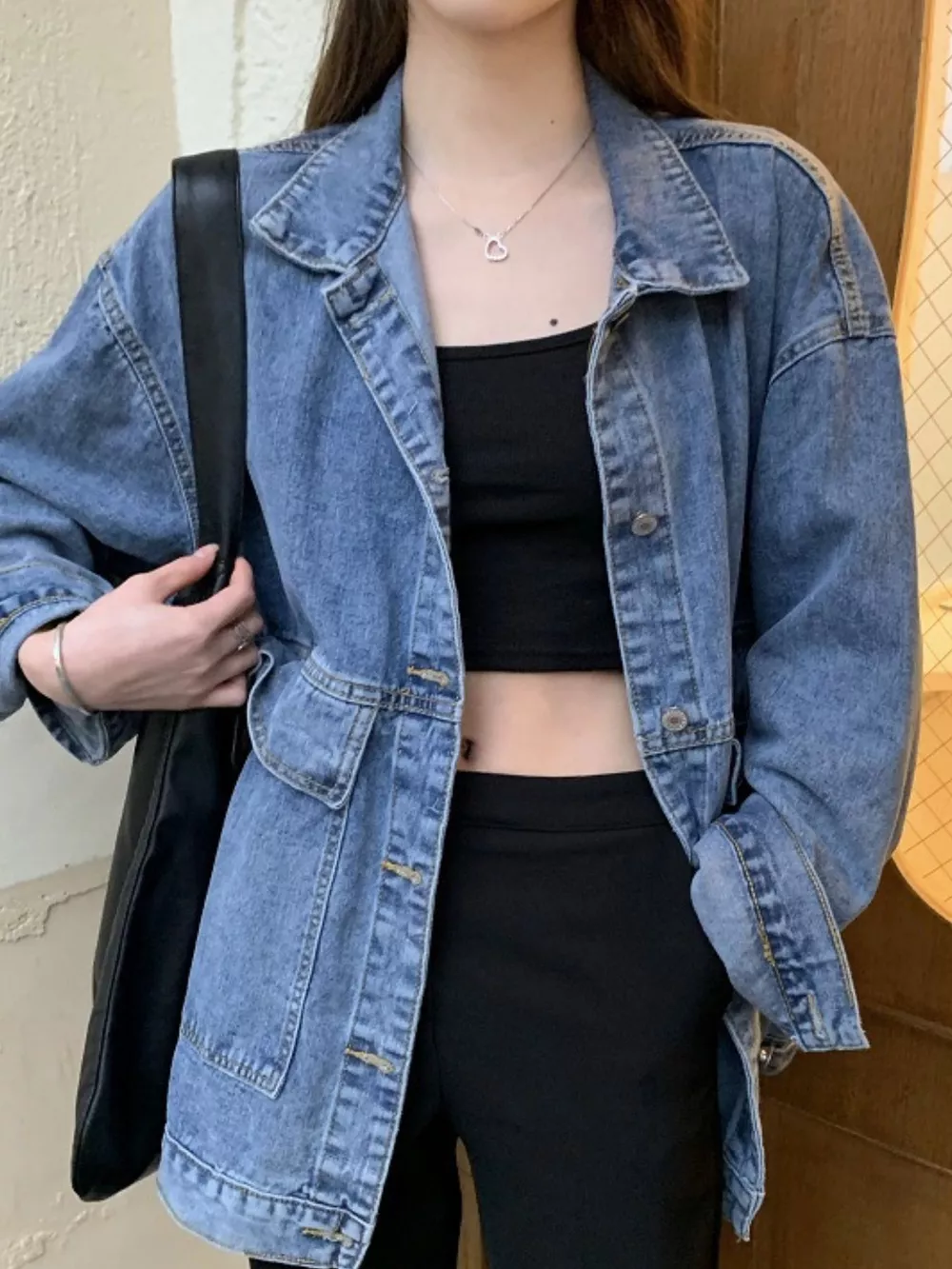 Oversized Wash Denim Jacket with Utility Pockets, image 2