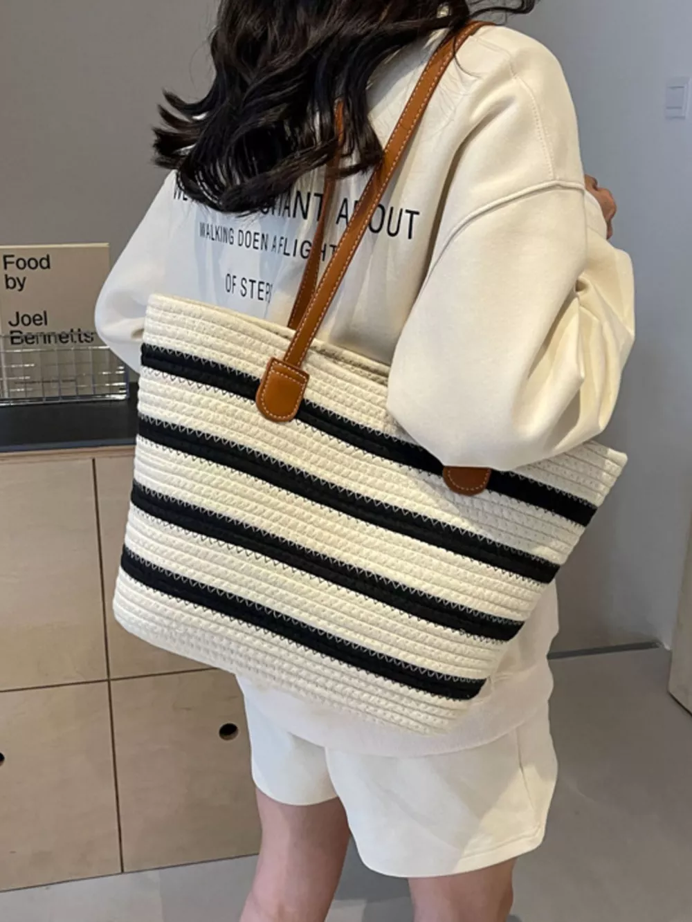 Striped Straw Tote Bag, image 2