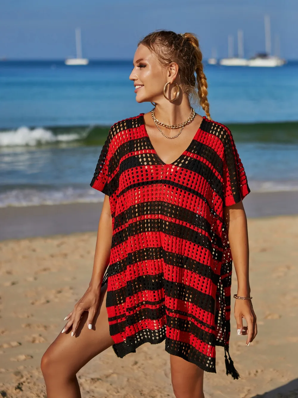 Tassel Openwork Striped V-Neck Cover Up, image 14