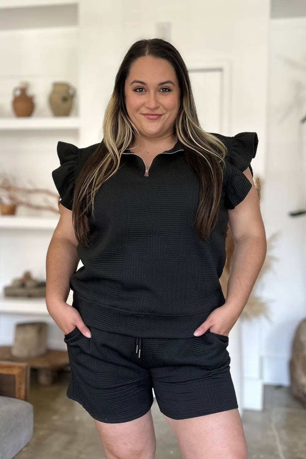 Full Size Texture Flounce Sleeve Top and Shorts Set, image 14