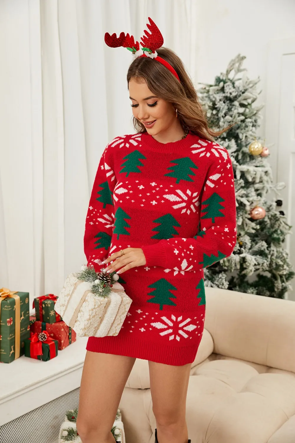 Christmas Tree Round Neck Sweater Dress, image 5
