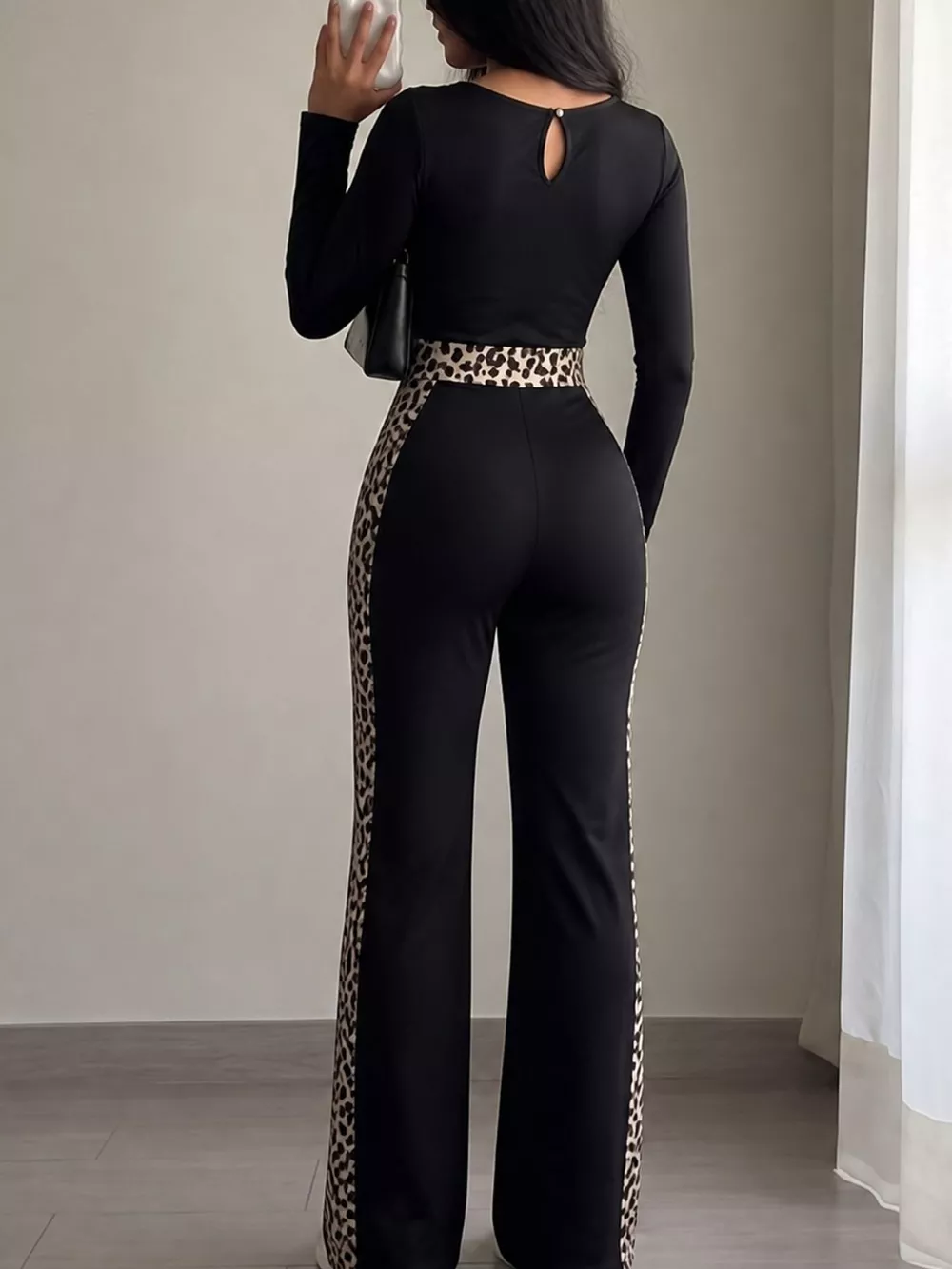 Leopard Trim Long Sleeve Jumpsuit, image 3