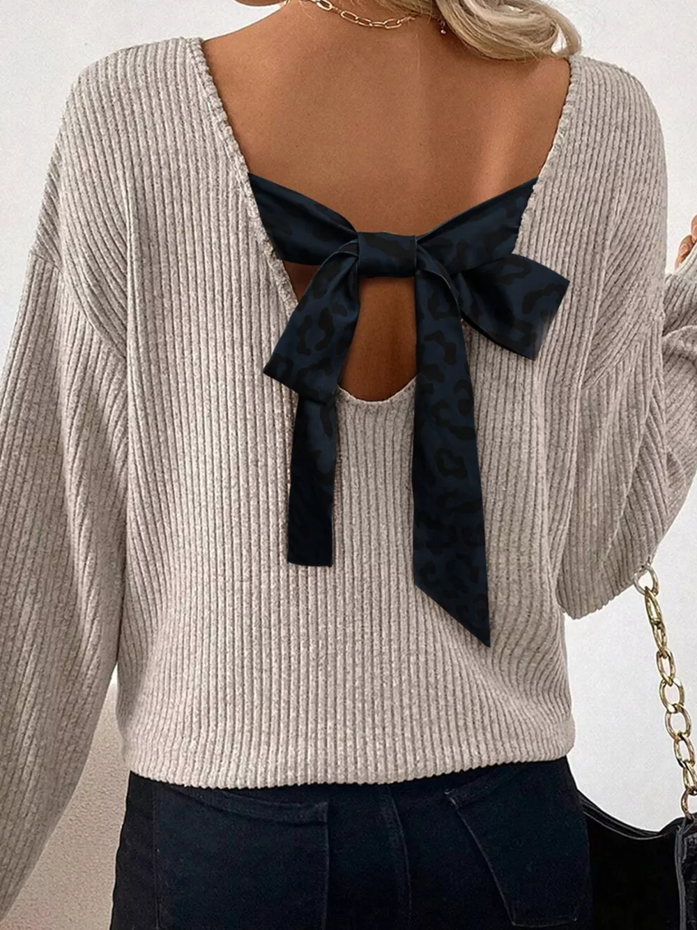 Ribbed V Neck Contrast Ribbon Bow Back Drop Shoulder Long Sleeve Top, image 5