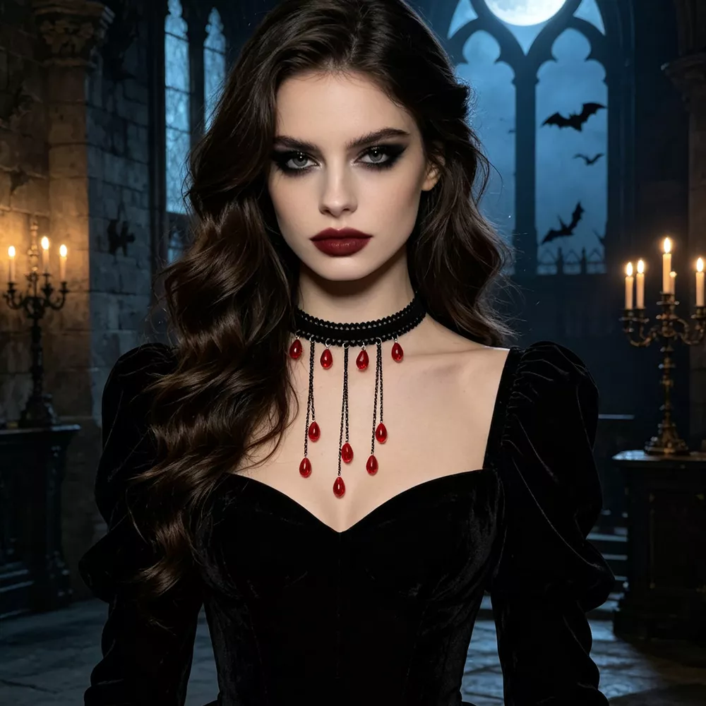 Gothic Lace Choker Necklace with Teardrop Dangle Charms, image 10