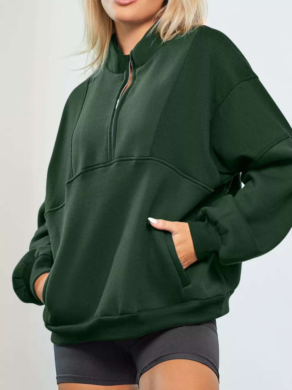 Half Zip Stand Collar Exposed Seam Solid Color Casual Sweatshirt, image 4