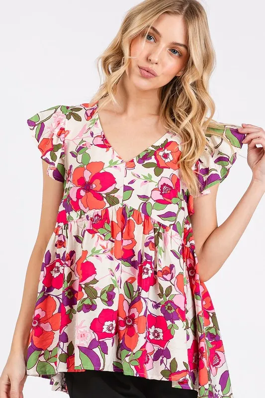 Floral V-Neck Ruffled Cap Sleeve Blouse, image 2