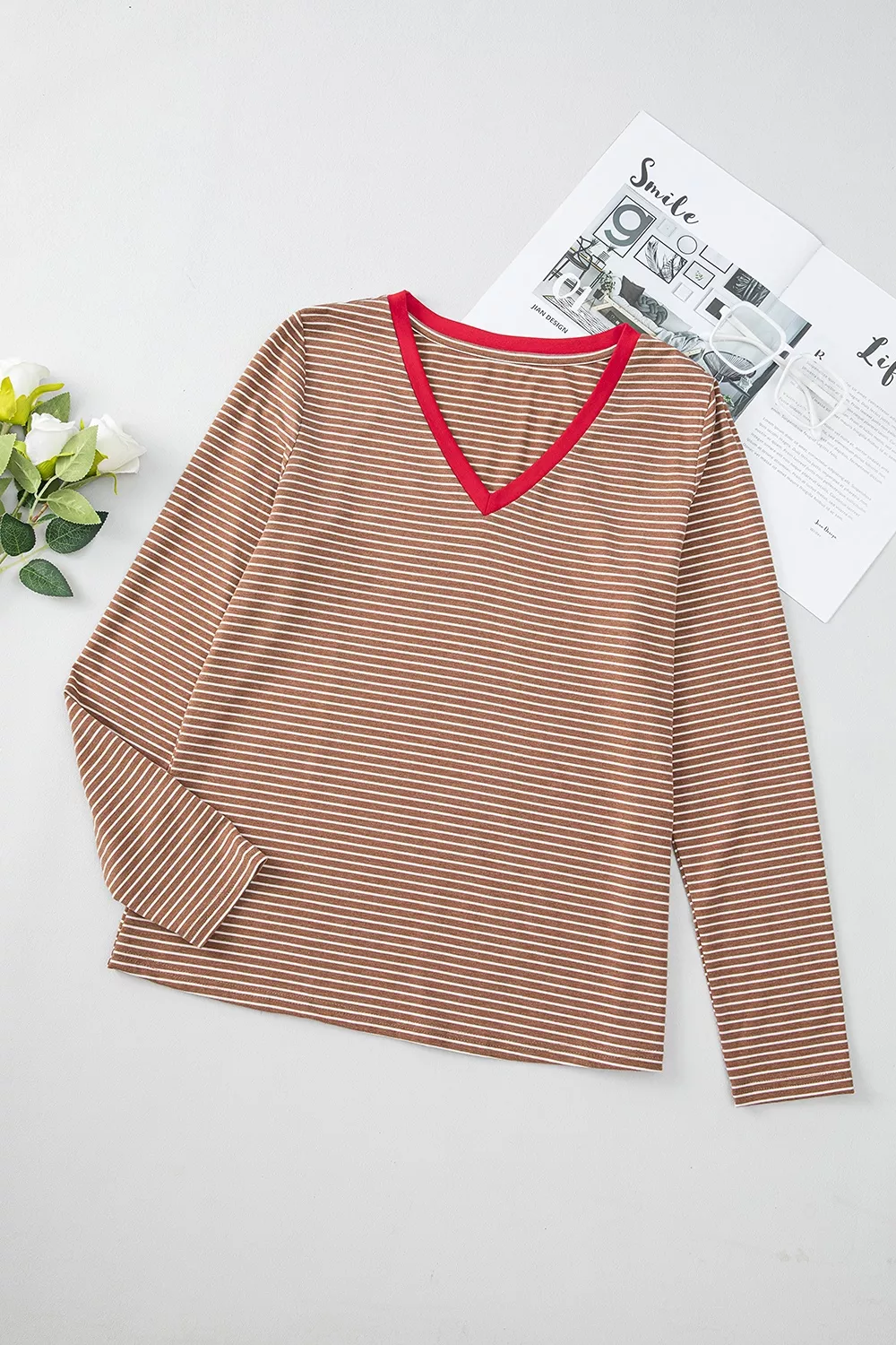Stripe V Neck Stretchy Long Sleeve Top, image 5