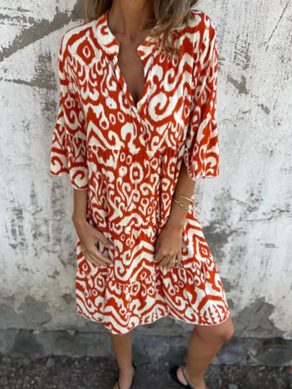 Full Size Printed Notched Half Sleeve Dress Plus Size, image 8