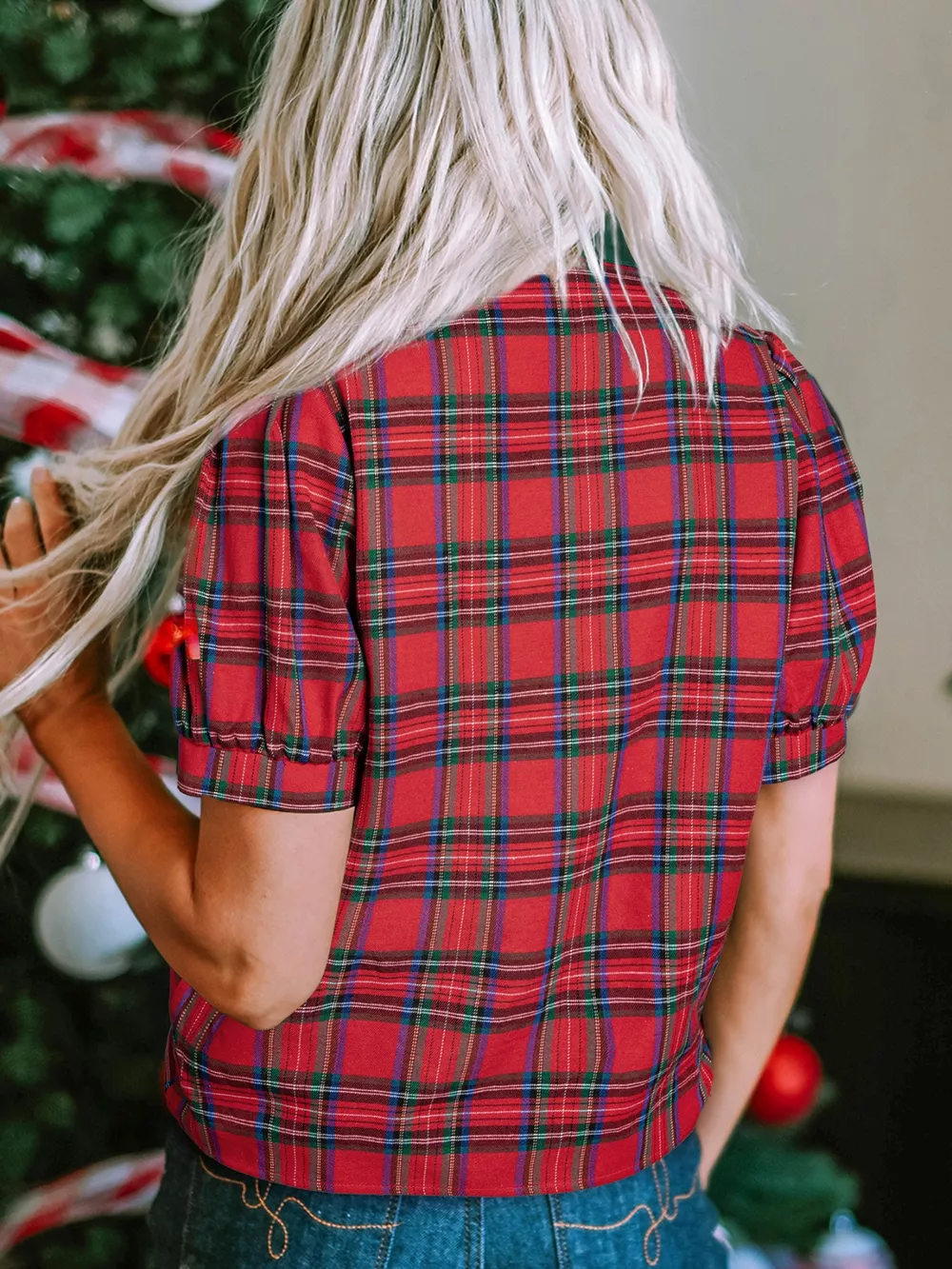 Plaid Notched Short Sleeve Blouse, image 3