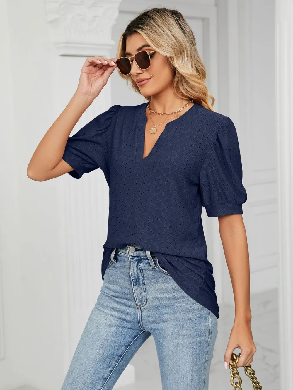 Eyelet Notched Short Sleeve T-Shirt, image 25