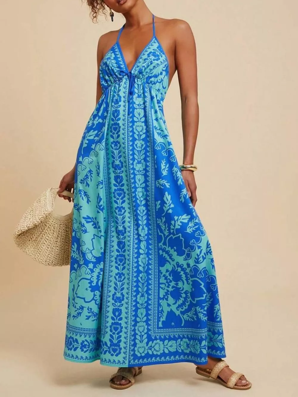 Bohemian Floral Print Halter Maxi Dress, image 2