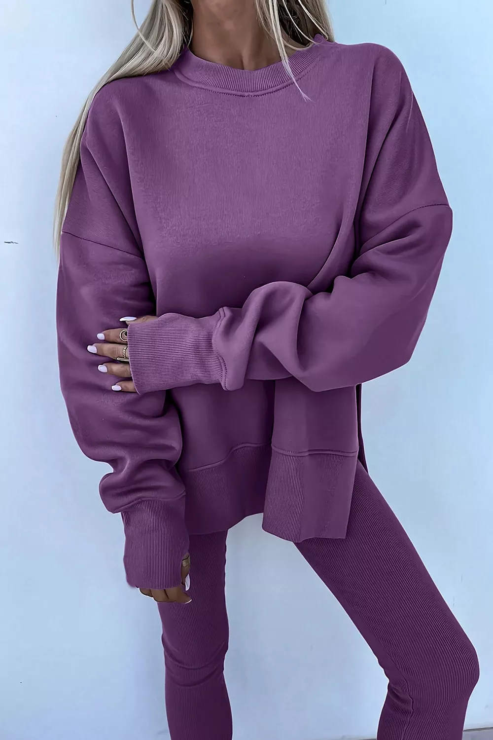Side Slit Long Sleeve Sweatshirt and Pants Set, image 6