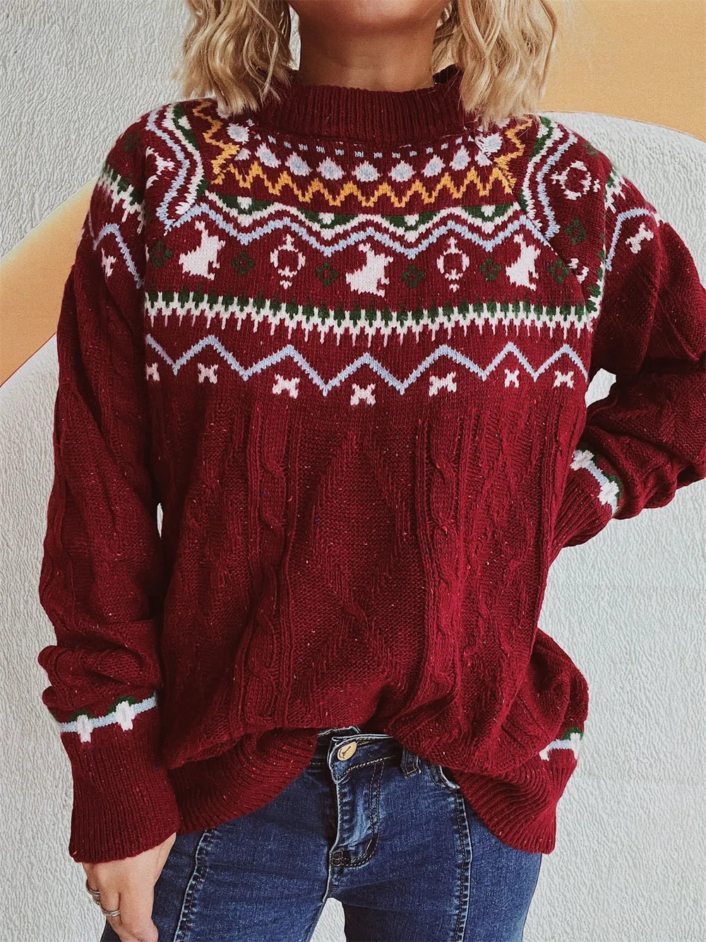 Cable-Knit Mock Neck Long Sleeve Sweater, image 6