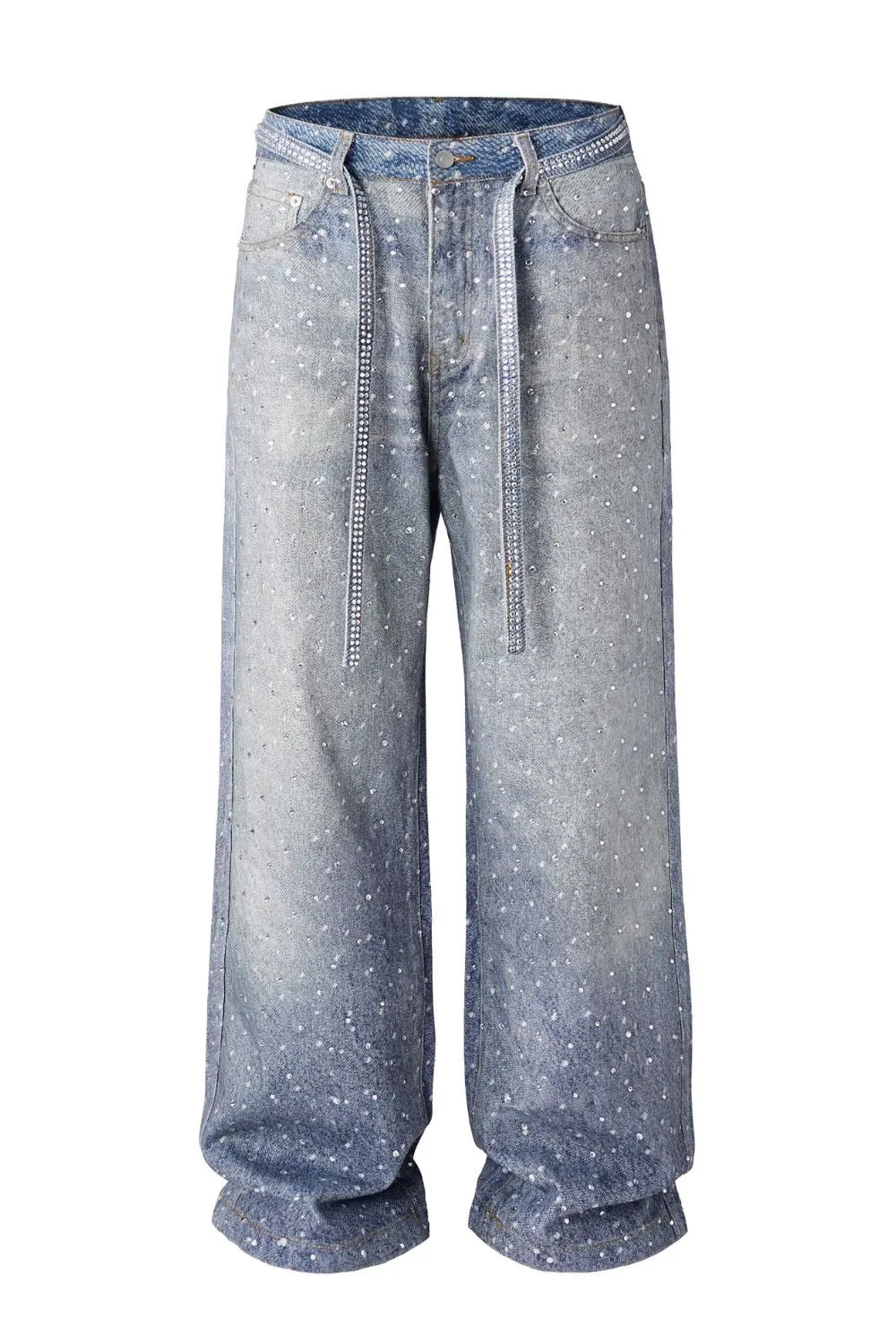 Men's Washed Rhinestone Jeans with Rhinestone Belt, image 3