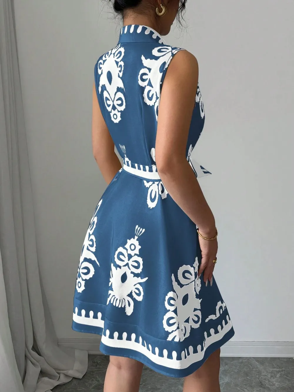 Printed Sleeveless Tie Waist Mini Dress, image 9