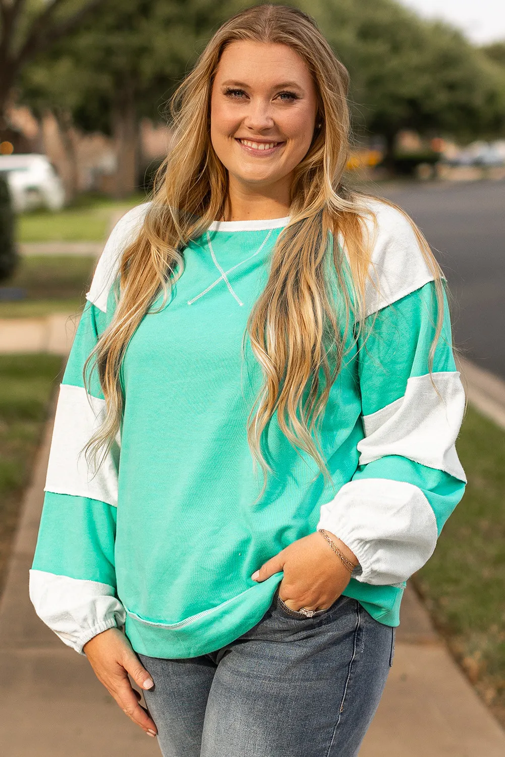 Plus Size Exposed Seam Color Block Long Sleeve Sweatshirt, image 4