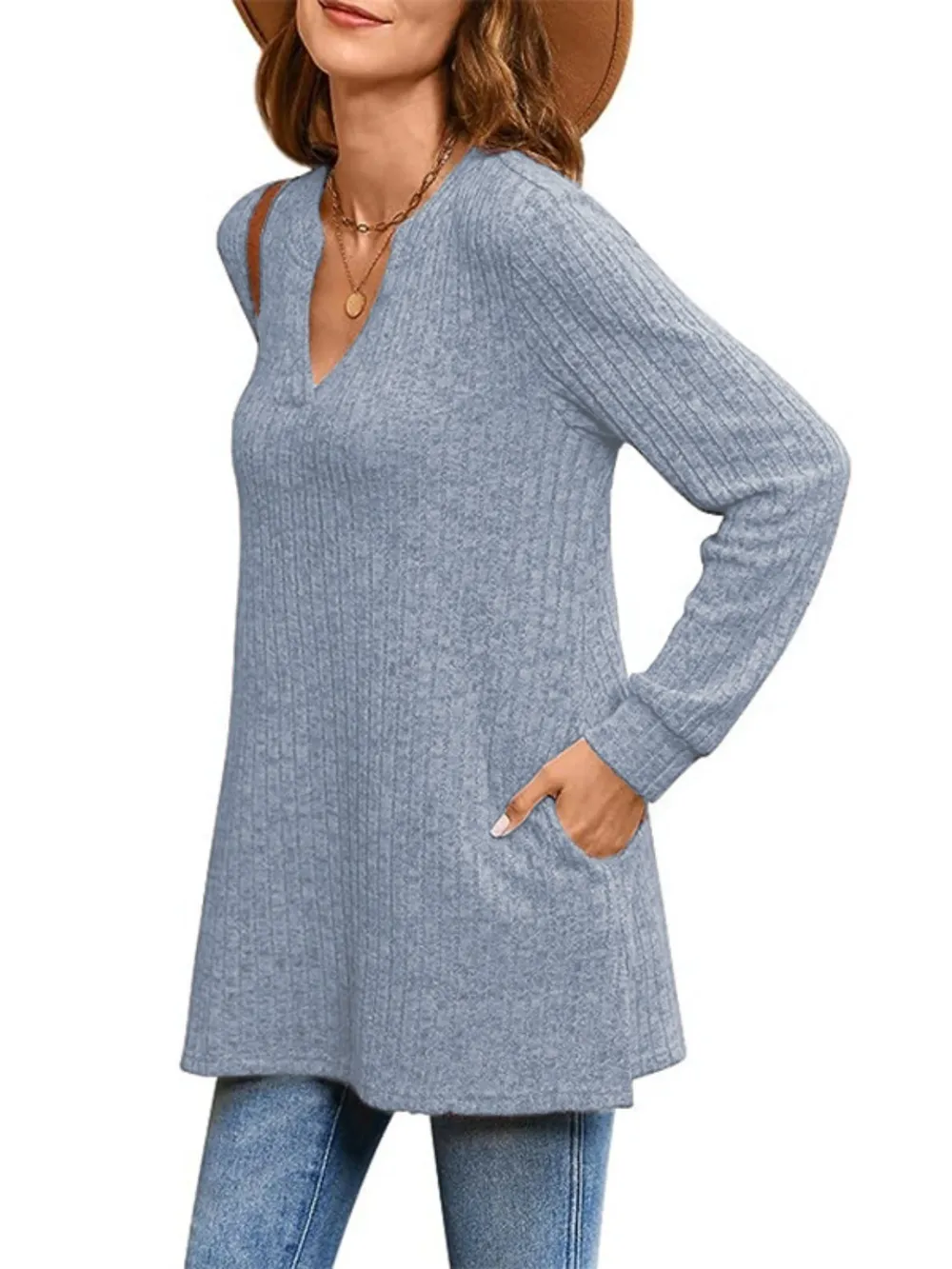 Ribbed Notched Long Sleeve T-Shirt, image 5