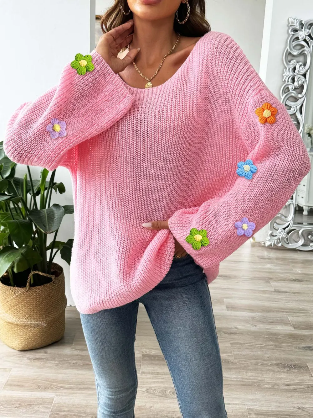 Flower Round Neck Long Sleeve Sweater, image 4