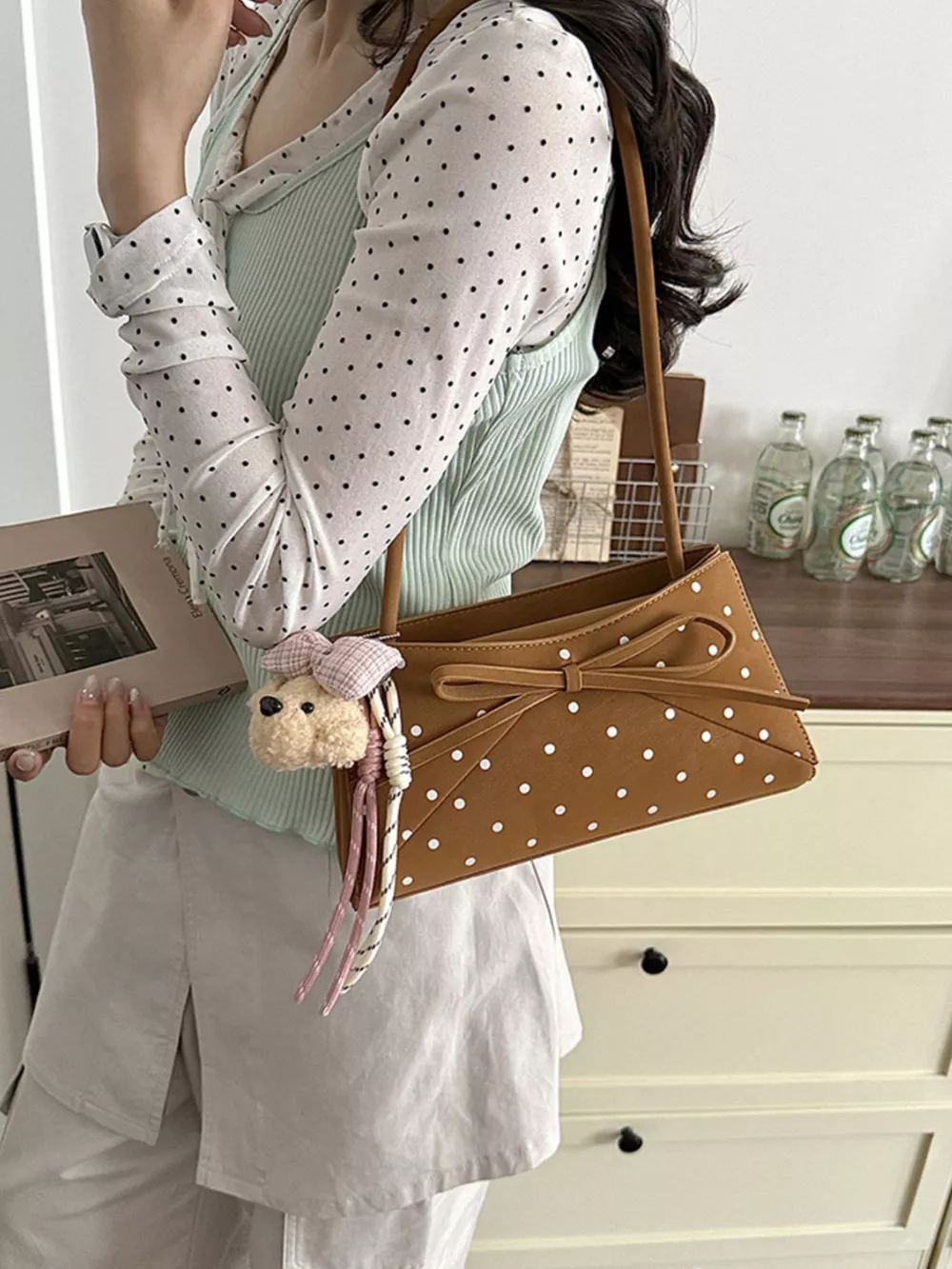Polka Dot Bowknot Decor Shoulder Bag, image 6