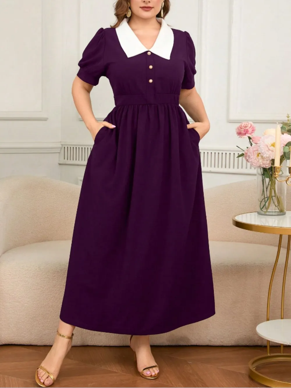 Plus Size Contrast Collar Short Sleeve Dress, image 6