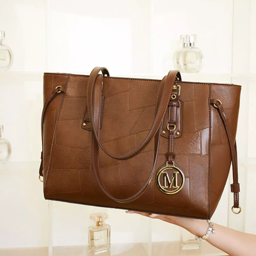 Patchwork Leather Tote Bag with Gold Logo Charm, image 4