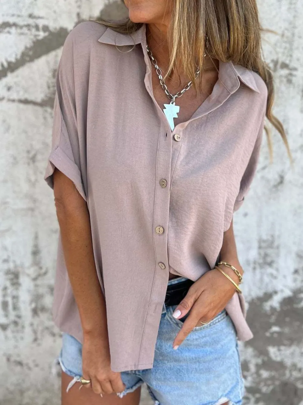 Full Size Collared Neck Half Sleeve Shirt Plus Size, image 11