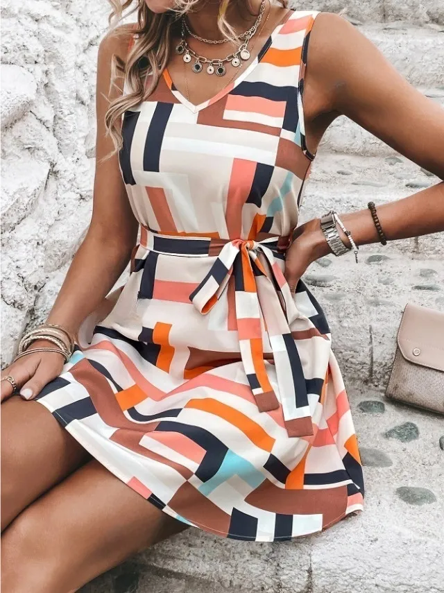 Geometric Print Sleeveless Mini Dress with Belt, image 5