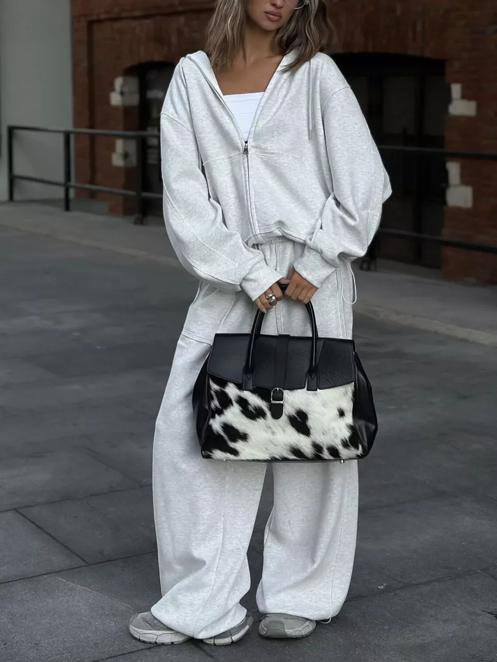 Oversized Zip-Up Hoodie and Wide-Leg Pants Set, image 8