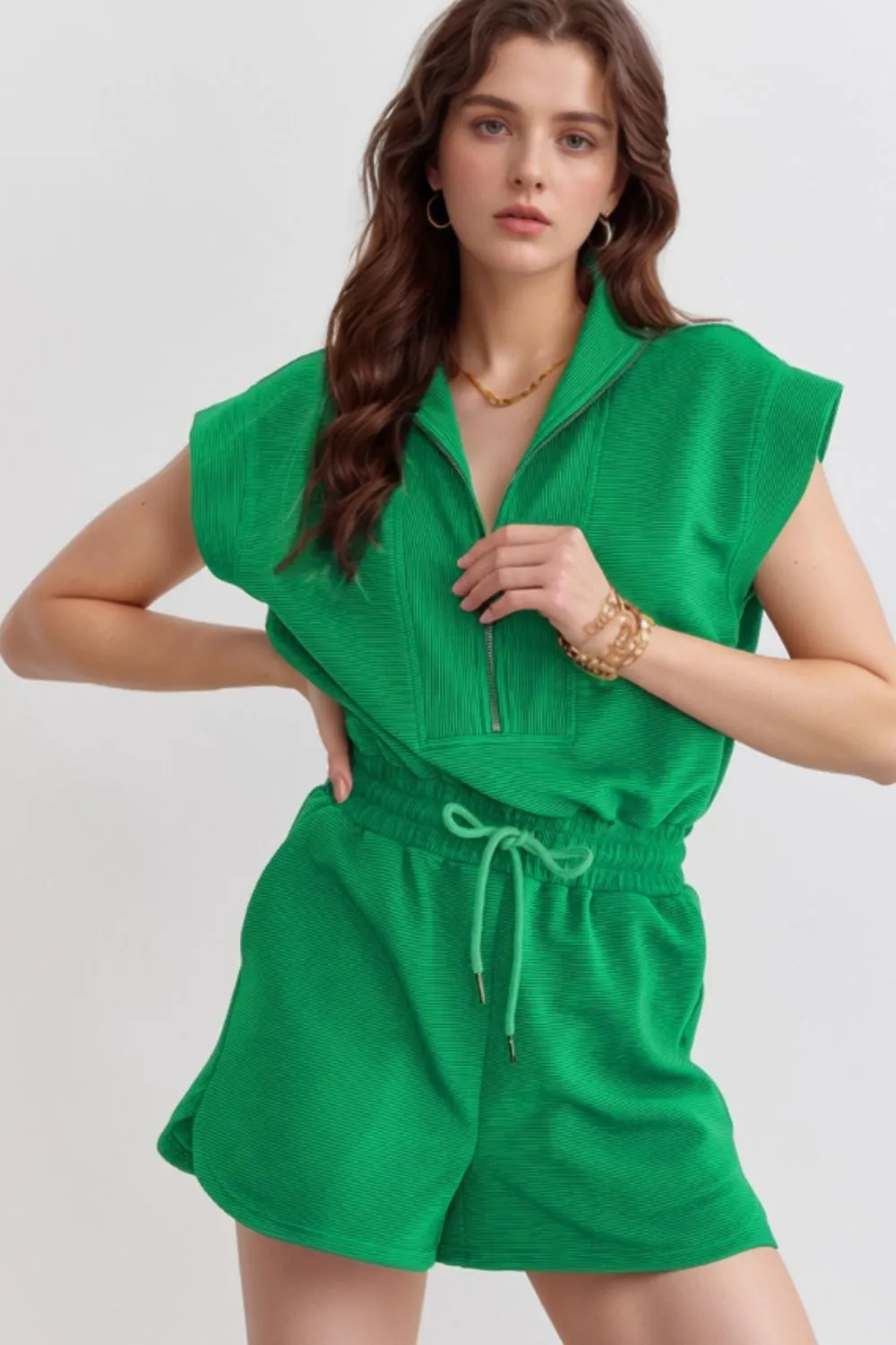 Drawstring Waist Half Zip Romper