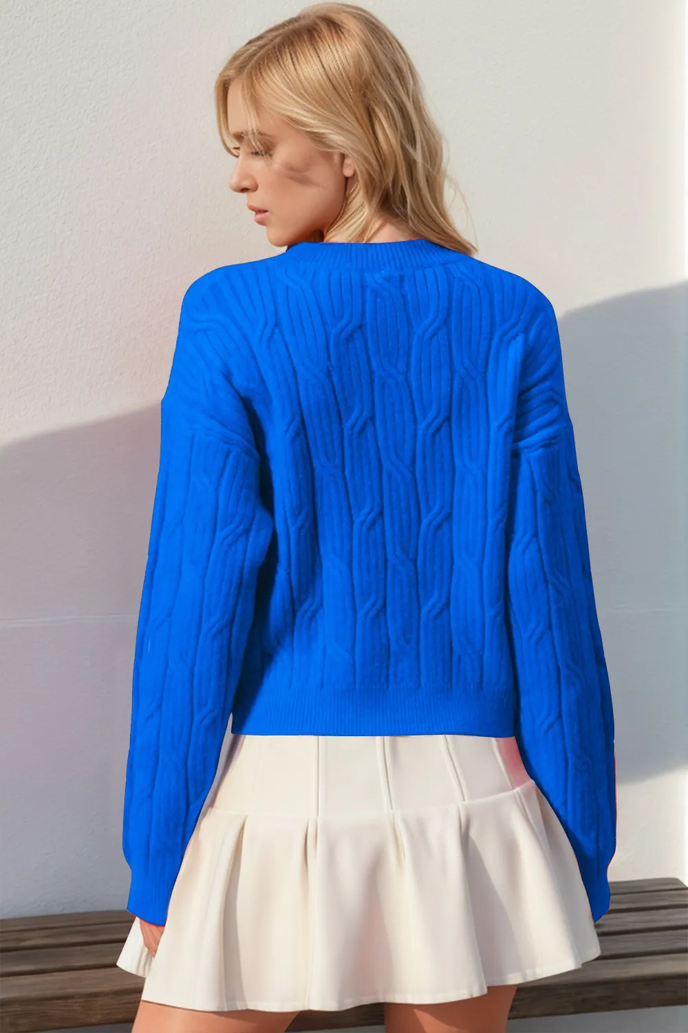 Full Size Bow Cable-Knit Round Neck Sweater, image 5