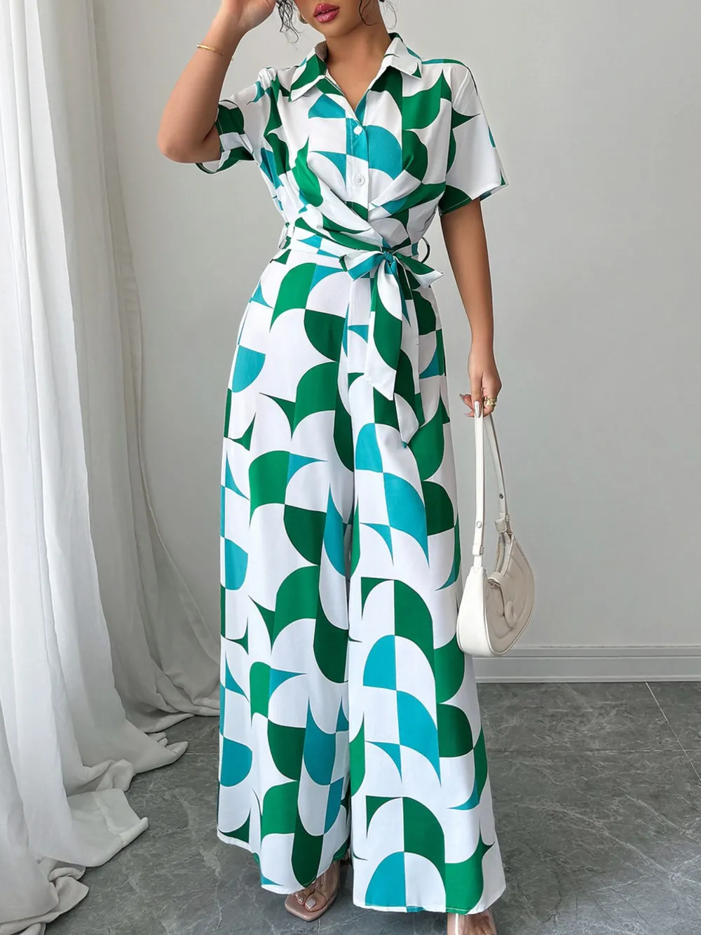 Printed Wide Leg Belted Jumpsuit, image 3