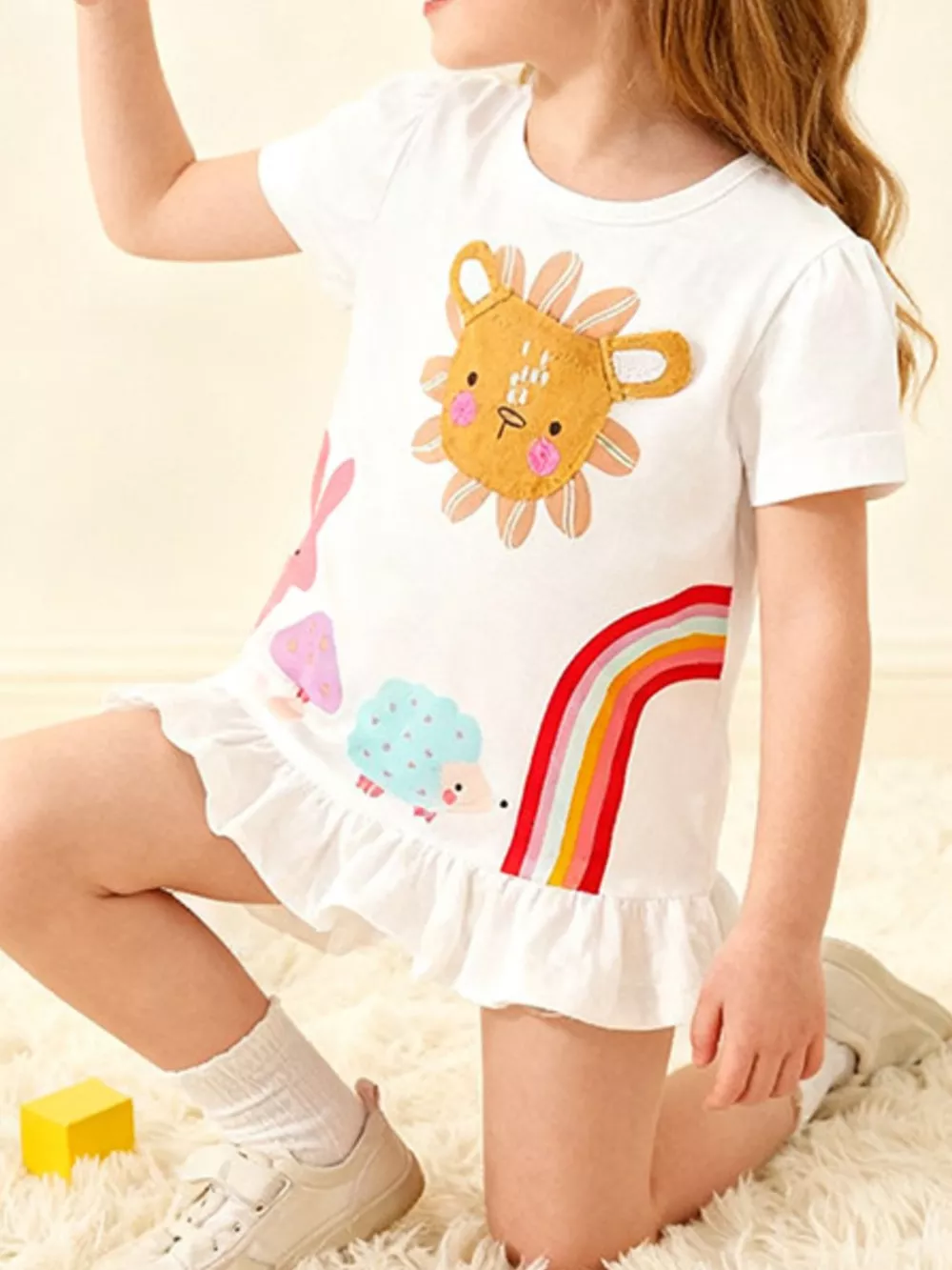 Children's Cartoon Animal Graphic Ruffle Hem T-Shirt, image 2