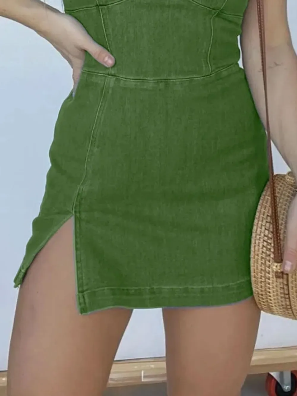 Full Size Slit Square Neck Denim Dress Plus Size, image 4