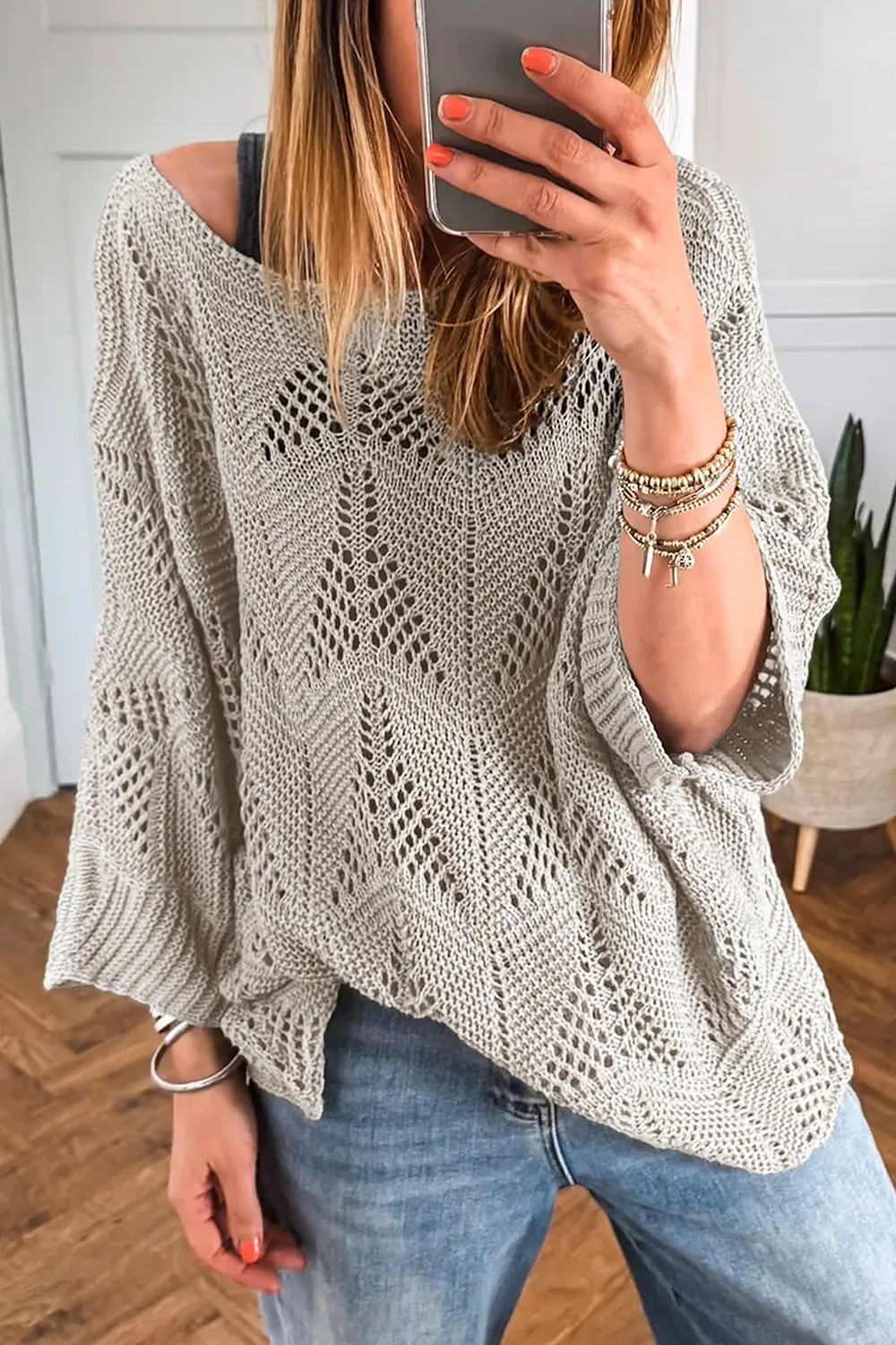 Openwork Round Neck Knit Top, image 4